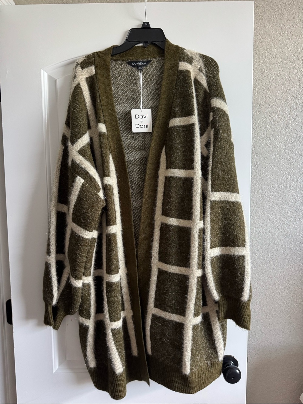 DAVI & DANI Olive and Cream Windowpane Open-Front Cardigan